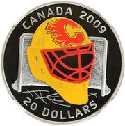 20 Dollars - Elizabeth II Calgary Flames Goalie Mask, Canada, 2009 reverse image