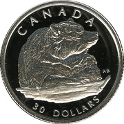 30 Dollars - Elizabeth II Grizzly bear; platinum, Canada, 2004 reverse image