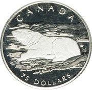 75 Dollars - Elizabeth II Polar bear; platinum, Canada, 1990 reverse image