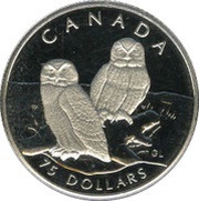 75 Dollars - Elizabeth II Snowy Owl; platinum, Canada, 1991 reverse image