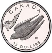 75 Dollars - Elizabeth II Peregrine Falcon; platinum, Canada, 1996 reverse image