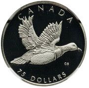 75 Dollars - Elizabeth II Harlequin Duck; platinum, Canada, 2001 reverse image