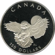 150 Dollars - Elizabeth II Snowy Owl; platinum, Canada, 1991 reverse image
