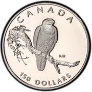 150 Dollars - Elizabeth II Peregrine Falcon; platinum, Canada, 1996 reverse image