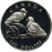 150 Dollars - Elizabeth II Harlequin Duck; platinum, Canada, 2001 reverse image