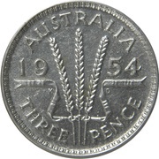 3 Pence - Elizabeth II 1st Portrait; without "F:D:", Australia, 1953-1954 reverse image