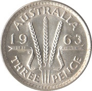 3 Pence - Elizabeth II 1st Portrait; with "F:D:", Australia, 1955-1964 reverse image