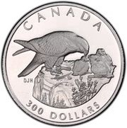 300 Dollars - Elizabeth II Peregrine Falcon; platinum, Canada, 1996 reverse image