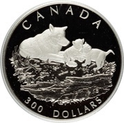 300 Dollars - Elizabeth II Grey Wolf; platinum, Canada, 1998 reverse image