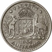 1 Florin - Elizabeth II 1st Portrait - without "F:D:", Australia, 1953-1954 reverse image