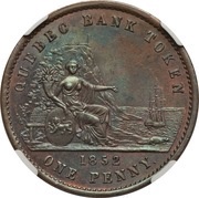 1 Penny / 2 Sous Quebec Bank Token, Canada, 1852 reverse image