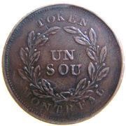 1 Sou Belleville - 18 cherry leaves / 5 shamrocks, Canada, 1835-1838 reverse image