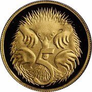 5 Cents - Elizabeth II 4th Portrait - Echidna; Gold Proof, Australia, 2001-2019 reverse image