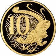 10 Cents - Elizabeth II 4th Portrait - Lyrebird; Gold Proof, Australia, 2001-2019 reverse image