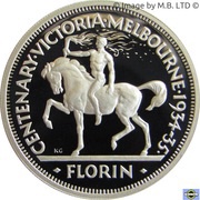 20 Cents - Elizabeth II 4th Portrait - Masterpiece in Silver - 1934 Victoria and Melbourne Centenary Florin, Australia, 1998 reverse image
