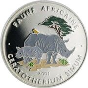 1000 Francs Ceratotherium (Rhinoceros) colourized, Chad, 2001 reverse image