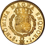8 Escudos - Fernando VI first bust of Fernando VI, Inverted Fleece, Chile, 1750-1758 reverse image