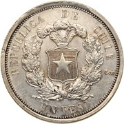 1 Peso Pechugon style Pattern, Chile, 1866 reverse image