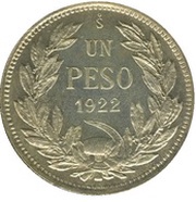 1 Peso coin alignment, Chile, 1921-1922 reverse image