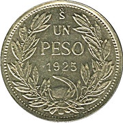 1 Peso medal alignment, Chile, 1924-1925 reverse image