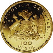 100 Pesos 150th Anniversary of National Coinage, Chile, 1968 reverse image