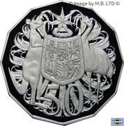 50 Cents - Elizabeth II 3rd Portrait - Masterpieces in Silver - Coat of Arms - Error, Australia, 1988 reverse image