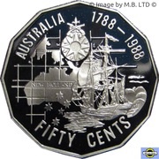 50 Cents - Elizabeth II 3rd Portrait - Masterpieces in Silver - First Fleet Bicentenary, Australia, 1988-1989 reverse image