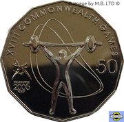 50 Cents - Elizabeth II 4th Portrait - XVIII Commonwealth Games Weightlifting, Australia, 2006 reverse image
