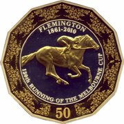 50 Cents - Elizabeth II 4th Portrait - Melbourne Cup 150 Years, Australia, 2010 reverse image