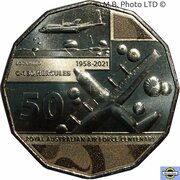 50 Cents - Elizabeth II 6th Portrait - 100 Years RAAF - Lockheed C-130 Hercules, Australia, 2021 reverse image