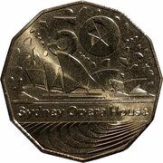 50 Cents In the name of Elizabeth II; 6th Portrait - Sydney Opera House; 50th Anniversary, Australia, 2023 reverse image