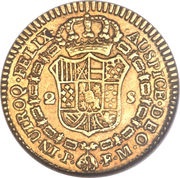 2 Escudos - Fernando VII portrait of Carlos IV, Colombia, 1808-1819 reverse image
