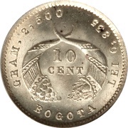 10 Centavos Cornucopias; Silver 0.835, Colombia, 1874-1885 reverse image