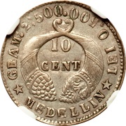 10 Centavos United States of Colombia; Cornucopias; Silver 0.500, Colombia, 1885-1886 reverse image