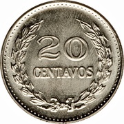 20 Centavos legend divided before "DE", Colombia, 1969-1970 reverse image