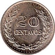 20 Centavos legend divided after "DE", Colombia, 1971 reverse image