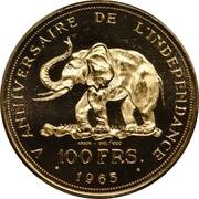 100 Francs 5th Anniversary of Independence; Pattern, Republic of the Congo, 1965 reverse image