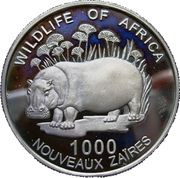 1000 Nouveaux Zaïres Common Hippopotamus, Republic of the Congo, 1997 reverse image