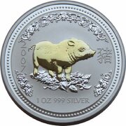 1 Dollar - Elizabeth II 4th Portrait - Year of the Pig - Silver Gilded Coin reverse image