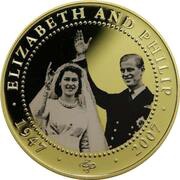 1 Dollar - Elizabeth II Diamond Wedding - Queen Elizabeth II in wedding dress and Prince Philip in uniform, both waving, Cook Islands, 2007 reverse image