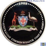 1 Dollar - Elizabeth II 4th Portrait - Coat of Arms 1908-2008 - Coloured, Australia, 2008 reverse image