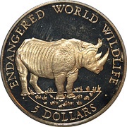 5 Dollars - Elizabeth II Black rhino, Cook Islands, 1990 reverse image