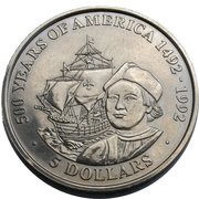 5 Dollars - Elizabeth II Christopher Columbus, Cook Islands, 1991 reverse image