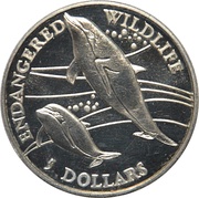 5 Dollars - Elizabeth II Heaviside’s dolphins, Cook Islands, 1991 reverse image