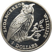 5 Dollars - Elizabeth II Eagle owl, Cook Islands, 1991 reverse image