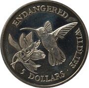 5 Dollars - Elizabeth II Bee Hummingbird, Cook Islands, 1991 reverse image