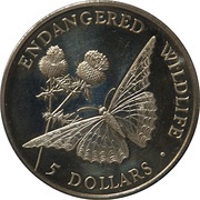 5 Dollars - Elizabeth II Butterfly, Cook Islands, 1992 reverse image