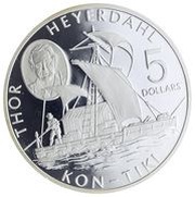 5 Dollars - Elizabeth II Thor Heyerdahl: Kon-Tiki, Cook Islands, 2002 reverse image