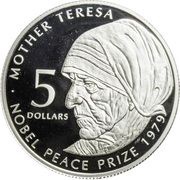 5 Dollars - Elizabeth II Mother Teresa, Cook Islands, 2002 reverse image