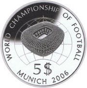 5 Dollars - Elizabeth II 18th World Cup Football 2006 Germany: Munich Stadium, Cook Islands, 2005 reverse image